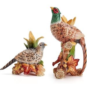 Fitz and Floyd Fall Harvest Pheasant Ceramic Figurine Candleholders, Set of 2